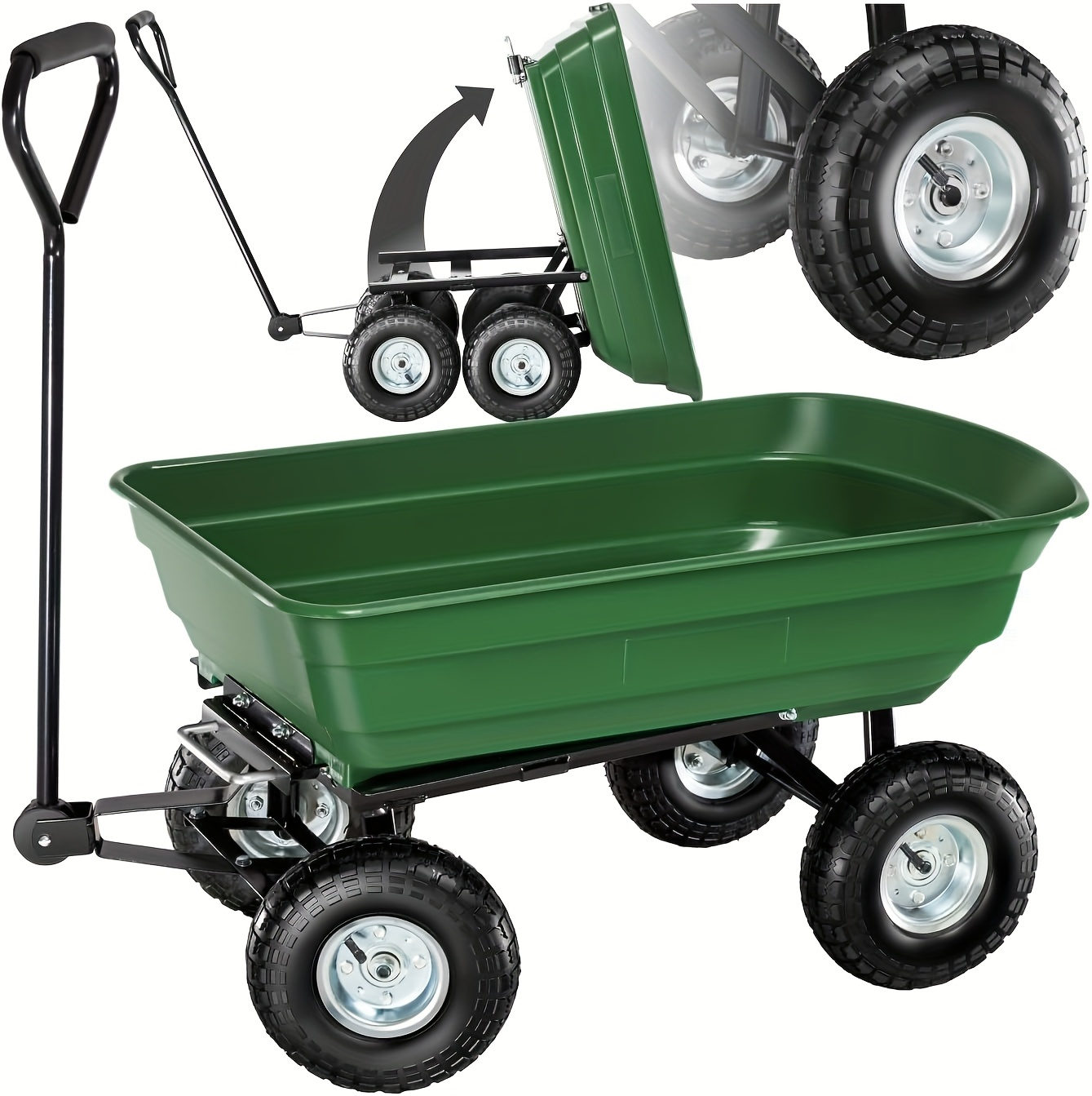 Garden Cart Steel Yard Wagon Dump Cart with 10 Inch Pneumatic Tires Utility Cart for Lawn Farm Gardening Green