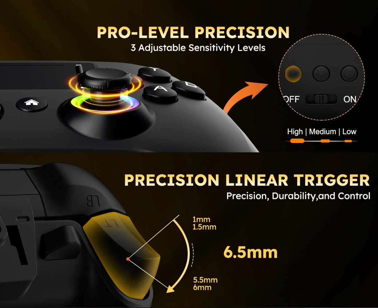 Touchscreen Wireless Gaming Controller in Black with Four Back Buttons and Optional Detachable Phone Bracket