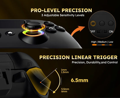 Touchscreen Wireless Gaming Controller in Black with Four Back Buttons and Optional Detachable Phone Bracket