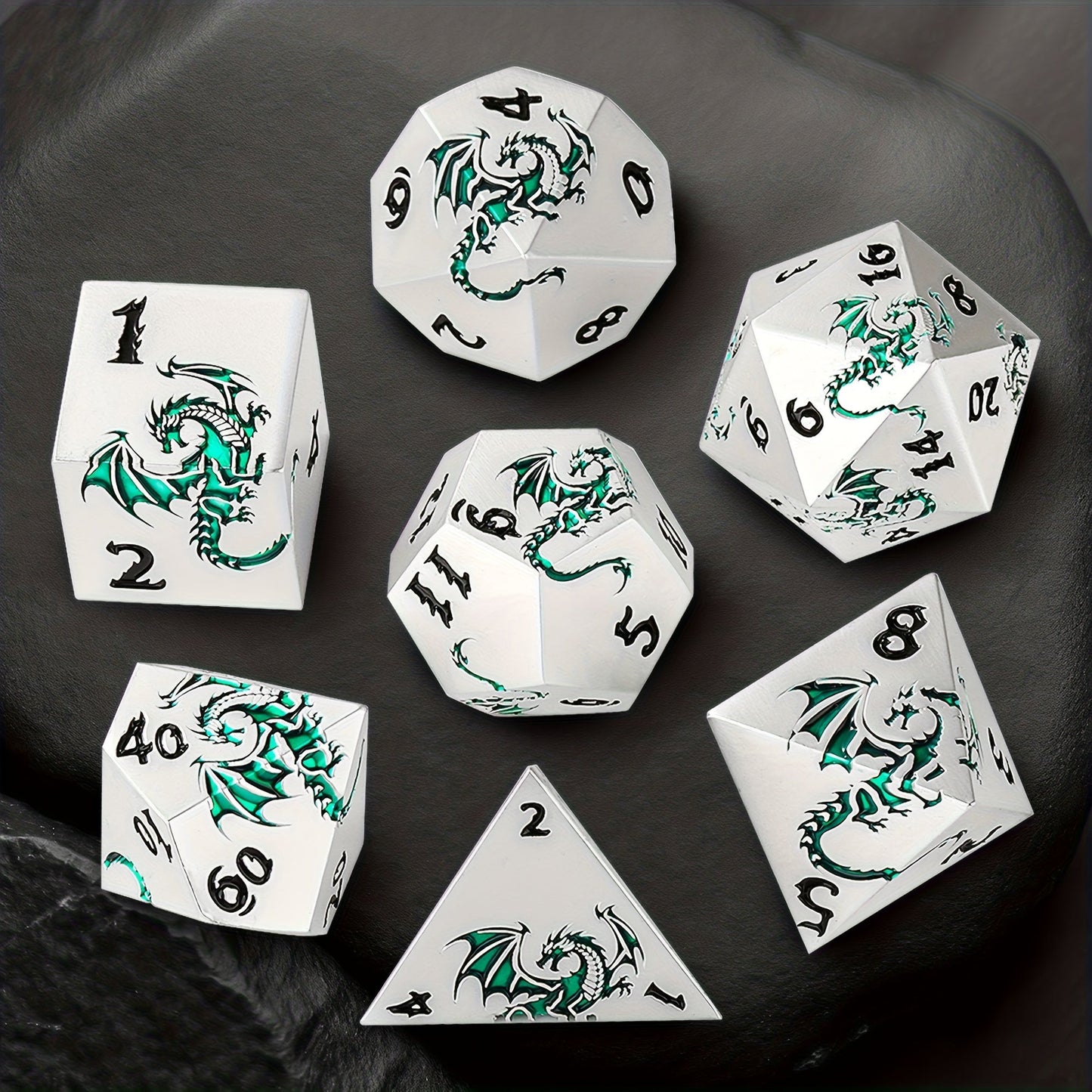 Dragon Metal Dice Set 7pcs Hand-Polished, Retro Carved Dragon Pattern Polyhedral DnD TTRPG RPG Dice with Dragon Storage Bag