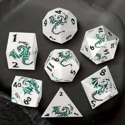Dragon Metal Dice Set 7pcs Hand-Polished, Retro Carved Dragon Pattern Polyhedral DnD TTRPG RPG Dice with Dragon Storage Bag