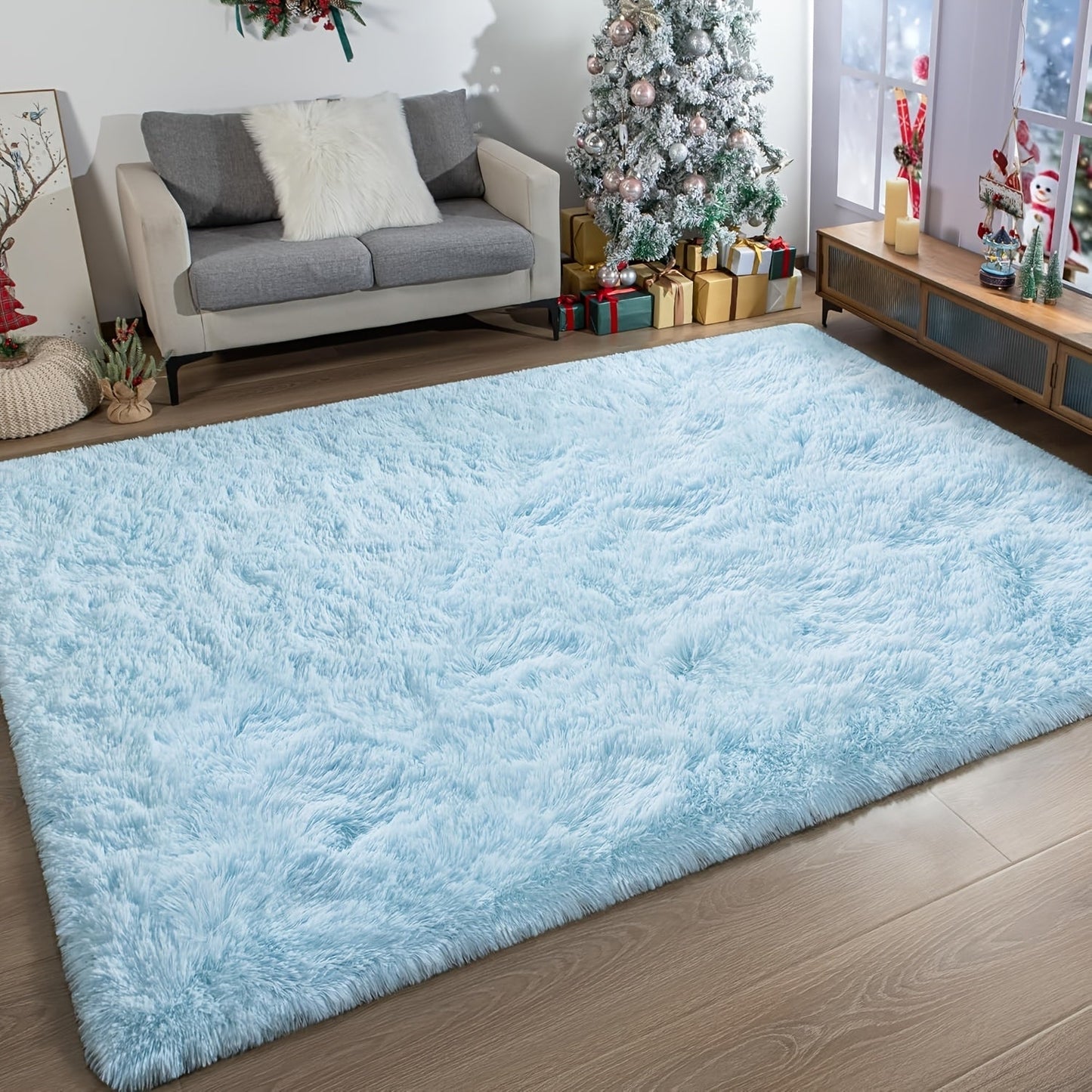 Area Rug Fluffy Faux-Fur Shag in Solid, Tie-Dye and Ombre Colors with Six available Room Sizes