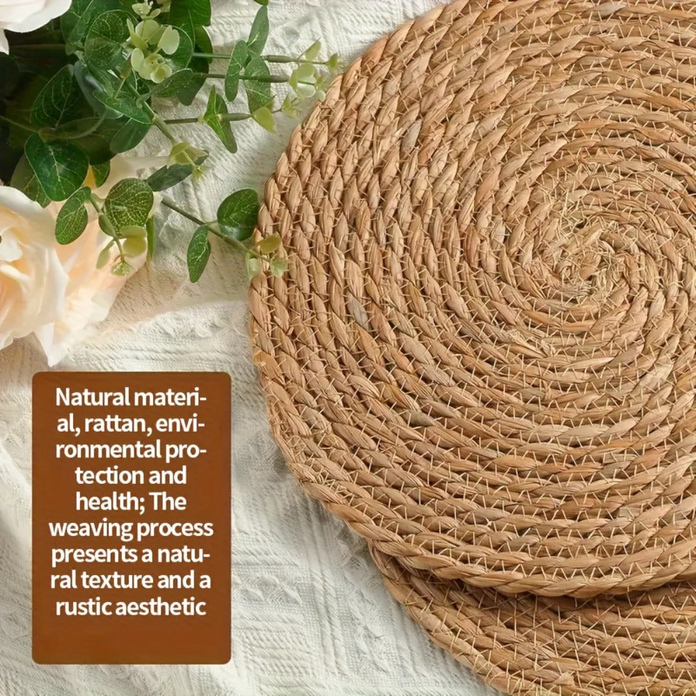 12pcs Rattan Placemats Natural Wicker Round Table Mats Heat-Resistant 11.8" Kitchen Dining Decor Bohemian