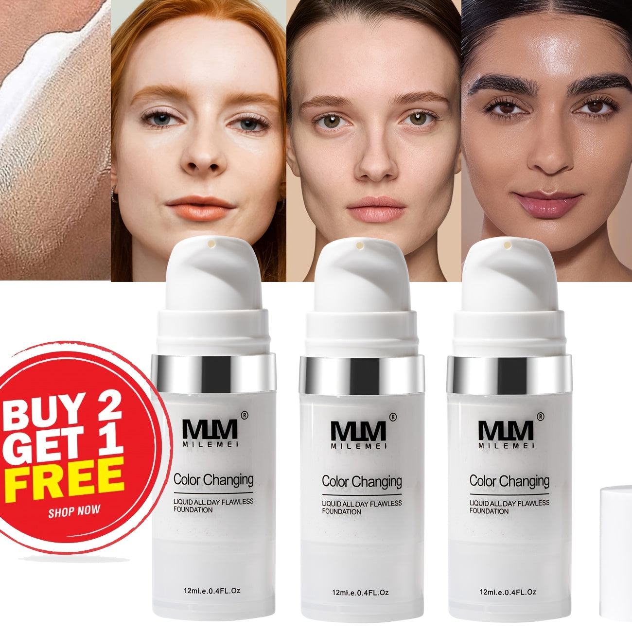 Color Changing BB Cream Foundation 3PCS Glycerin Lightweight Non-Cakey Natural Flawless, for Makeup, Travel and Everyday Vanity Use