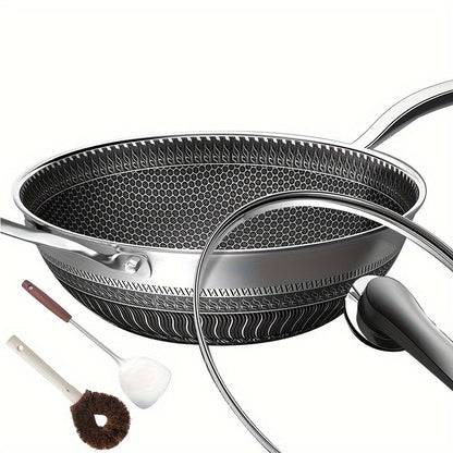 Stainless Steel Wok 13.3 Inch Honeycomb Non-Stick with Lid Spatula & Pot Brush, All Cooktop Compatible Stir Fry Pan