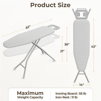 Full-Size 52-by-14-Inch Folding Ironing Board with Four-Leg Stand and Iron Rest in Four Colors