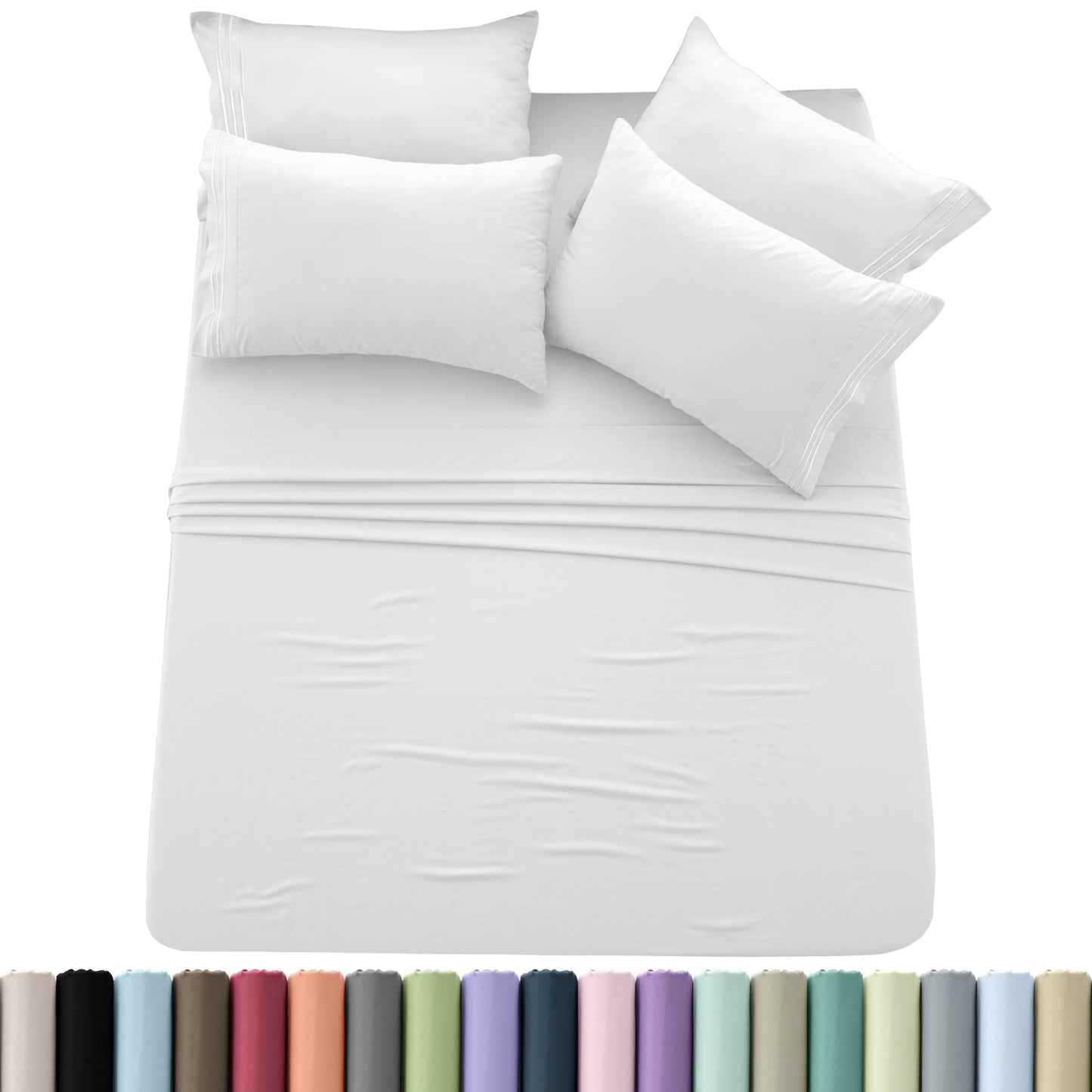 Sheet Set, Six-Piece Brushed Polyester Bedding with 16-Inch Fitted Pocket, Four Pillowcases and Twenty Colors