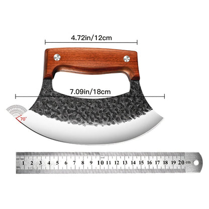 Hand-Forged Ulu Knife Rocker Blade High Carbon Steel Full Tang Rosewood Handle with Leather Sheath & Gift Box