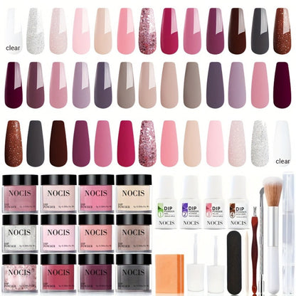 Dip Powder Nail Kit with NOCIS Label, 20 Pink Purple Brown Glitter Powders, Four Liquids and Nail Tools
