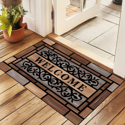 Welcome Doormat Wood Pattern – Entrance Mat with Polypropylene Backing, Indoor Outdoor Floor Mat for Front Door