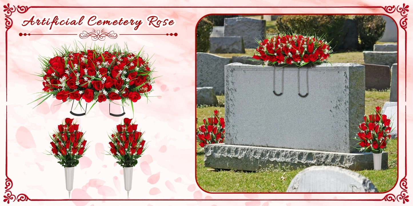 Artificial Flowers Silky Red Rose Memorial Set with Top Saddle, Side Vases or Three-Piece Option