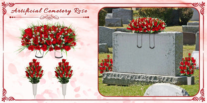 Artificial Flowers Silky Red Rose Memorial Set with Top Saddle, Side Vases or Three-Piece Option