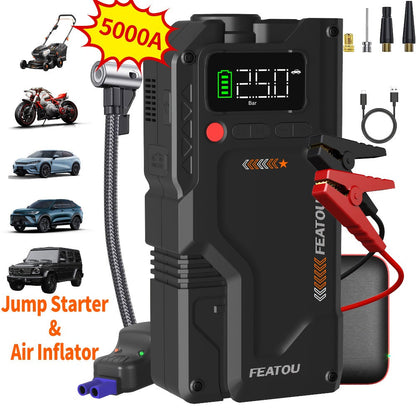 Jump Starter with Air Compressor 5000A/7000A Peak – 150PSI Digital Tire Inflator, Portable Battery Pack for 10L Gas & Diesel