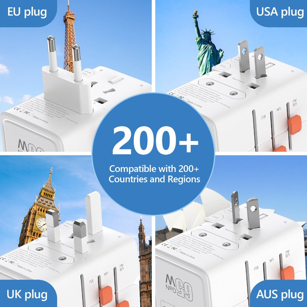 65W Universal Travel Adapter with 4 USB Ports - 2 USB-C & 2 USB-A Fast Charging, US EU UK AU Plugs