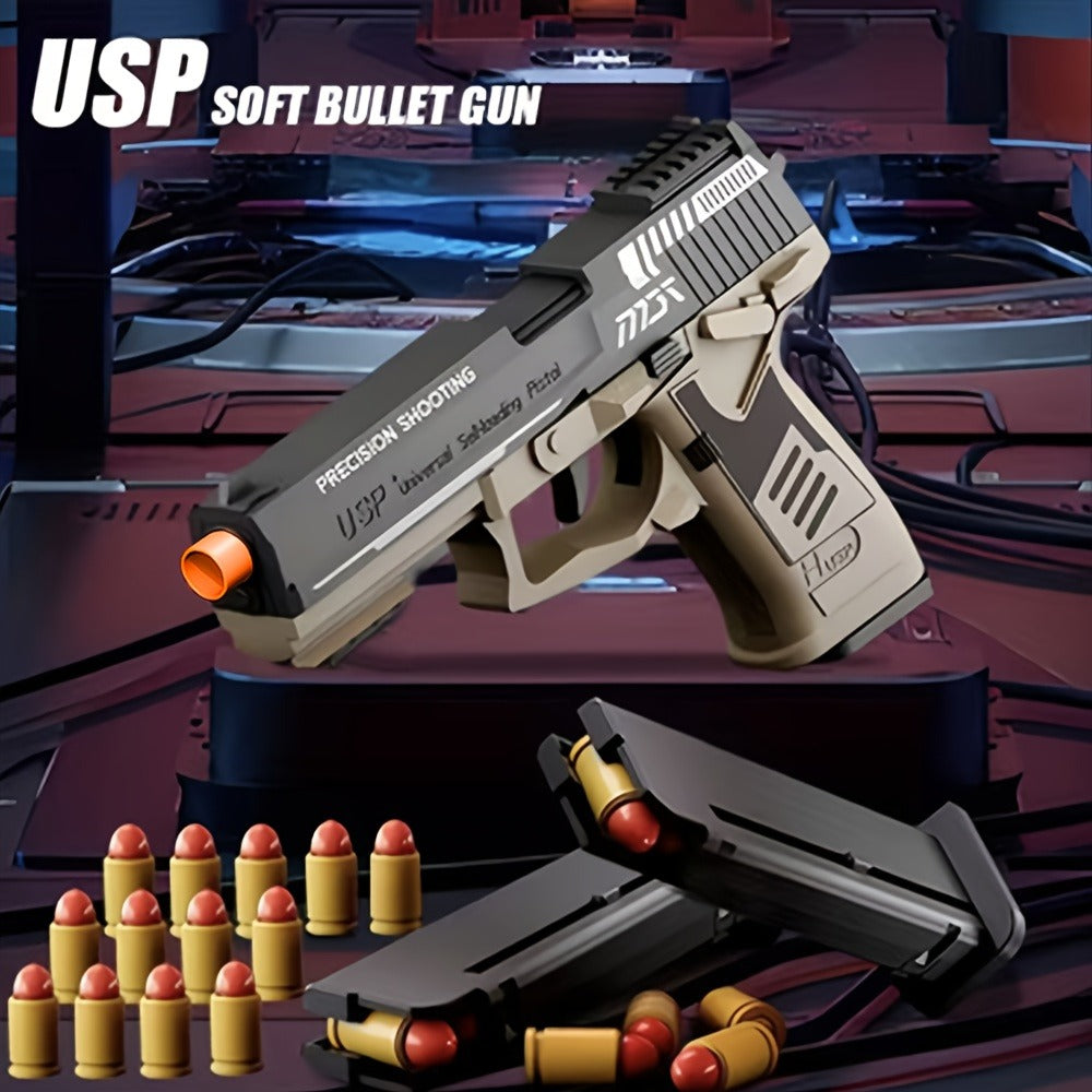 USP Clip Toy Gun Pistol with Continuous Shooting, 100 Bullets & 2 Magazines Rapid Fire Foam Blaster for Kids Boys Girls Ages 6+