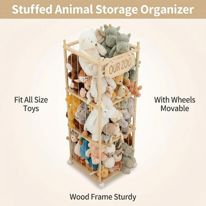 Stuffed Animal Storage Tower Wooden Zoo Cage Design Large Plush Toy Organizer Holder for Kids for Entryways, Bedrooms and Living Spaces