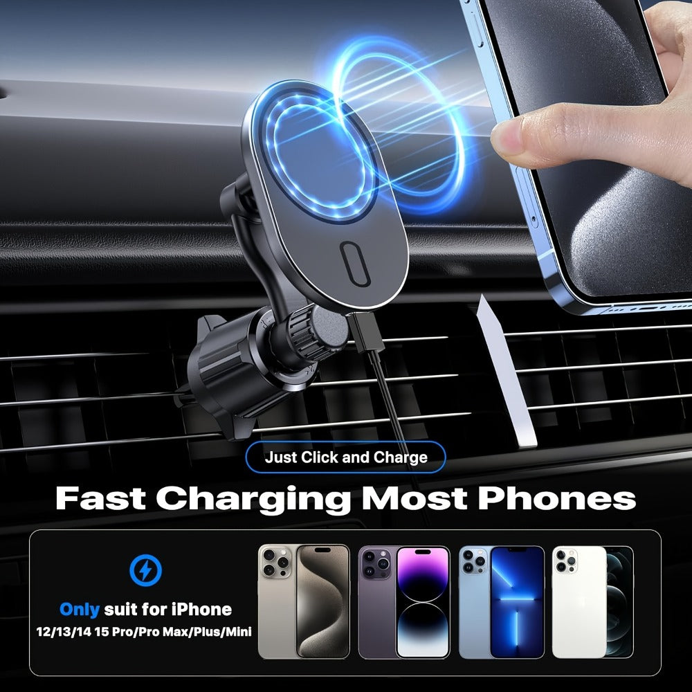 Magnetic Wireless Car Charger Phone Mount 15W Fast Charging – 360° Rotation Air Vent Car Phone Holder Compatible with iPhone 16 / 15 / 14