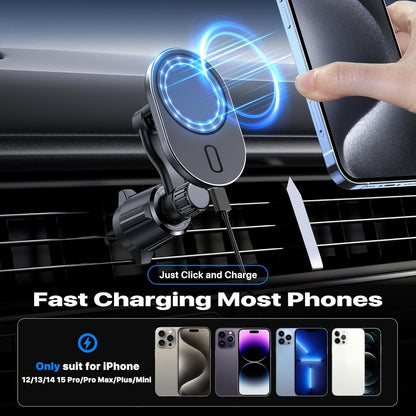 Magnetic Wireless Car Charger Phone Mount 15W Fast Charging – 360° Rotation Air Vent Car Phone Holder Compatible with iPhone 16 / 15 / 14