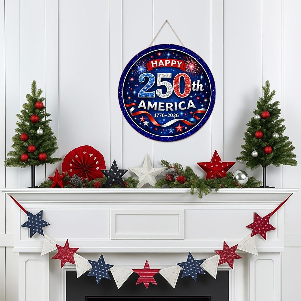Patriotic Wooden Door Sign 250th Anniversary 1776-2026 Retro Round Wreath 4th of July Independence Day Hanging Decoration Home Porch Outdoor