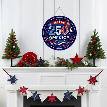Patriotic Wooden Door Sign 250th Anniversary 1776-2026 Retro Round Wreath 4th of July Independence Day Hanging Decoration Home Porch Outdoor