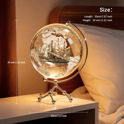 LED Lighted Globe for Kids & Adults 7.87 Inch Clear Acrylic Earth Globe Warm White Light Metal Stand Detailed World Map | Desktop Bookshelf