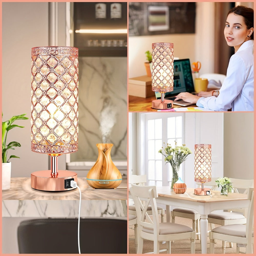 Crystal Cylinder Bedside Table Lamp with Dual USB Ports in Three Finishes and One- or Two-Pack Options