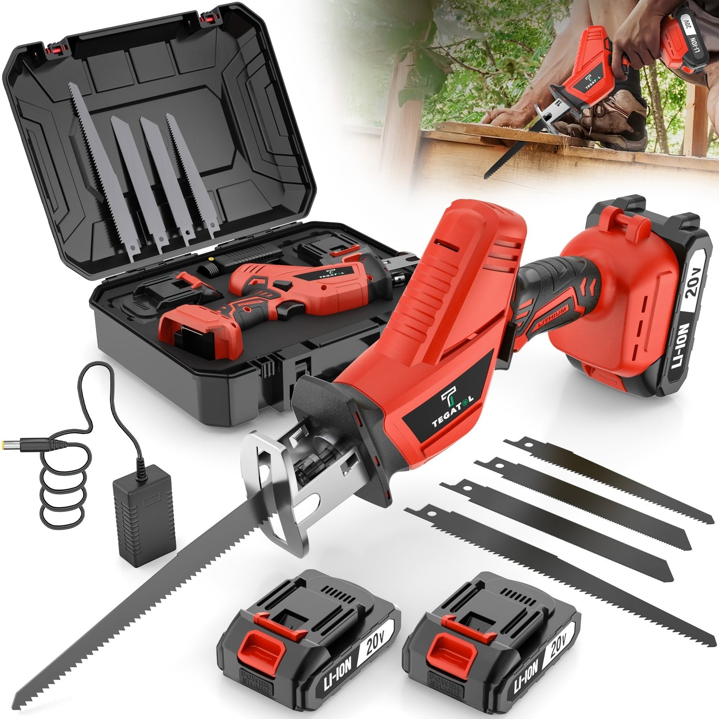 Electric Reciprocating Saw Cordless with LED Light & Safety Lock, Multi-Purpose Cutting Tool with Replaceable Blades