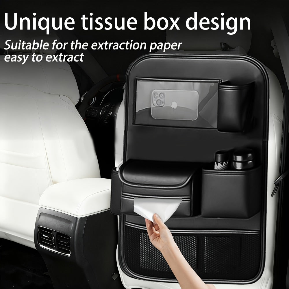 Car Backseat Organizer with Foldable Table Tray & Tablet Holder – PU Leather Seat Back Protector Kick Mat