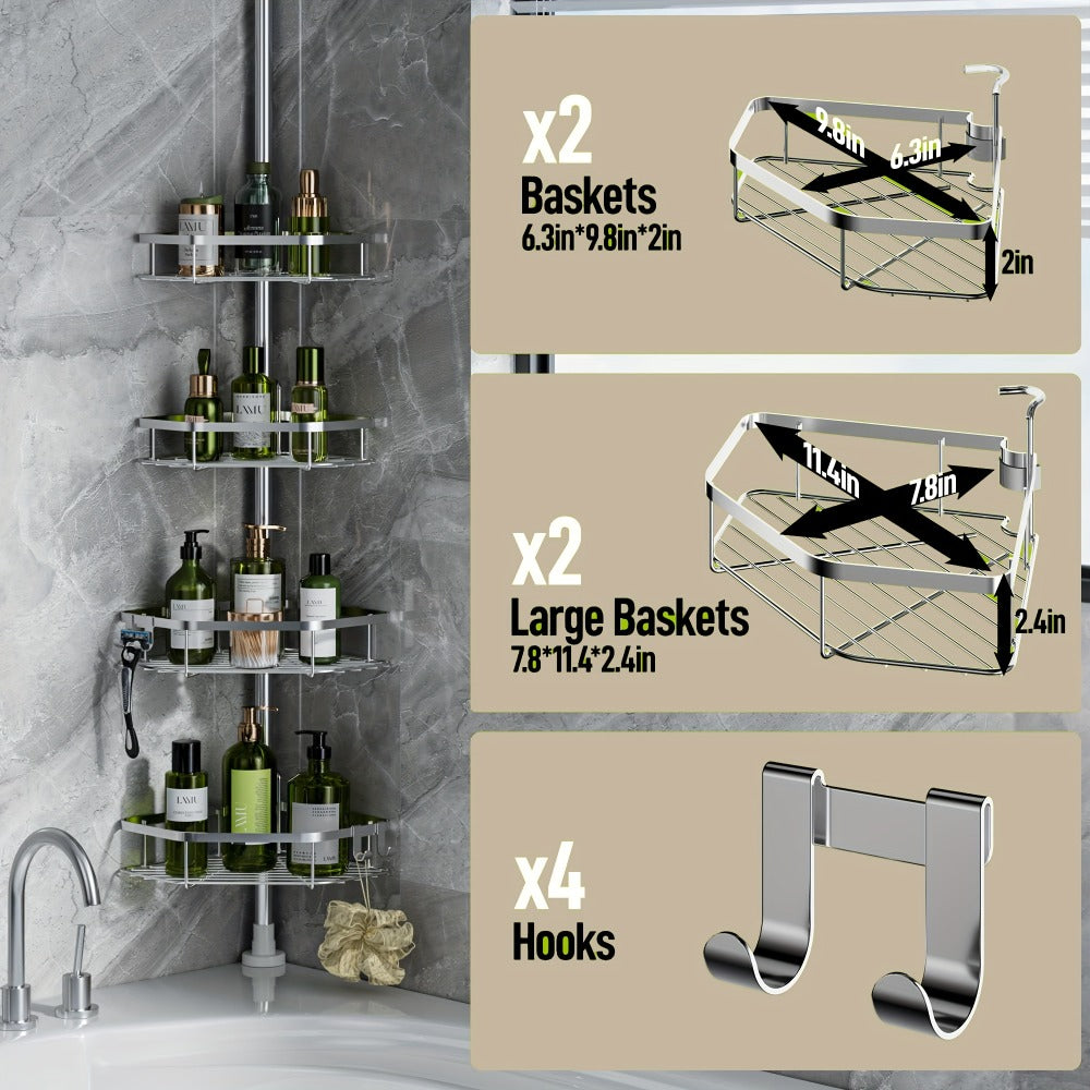 Corner Shower Caddy Tension Pole No Drilling Shower Organizer Shelf with Hooks for Bathroom for Bath Time, Home Spa and Personal Care
