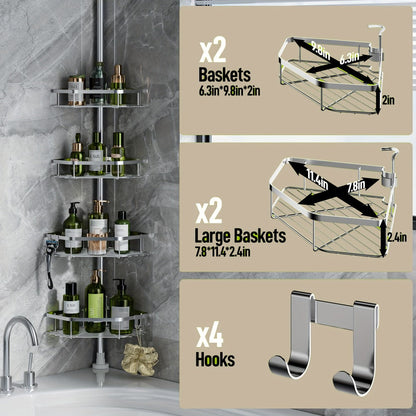 Corner Shower Caddy Tension Pole No Drilling Shower Organizer Shelf with Hooks for Bathroom for Bath Time, Home Spa and Personal Care