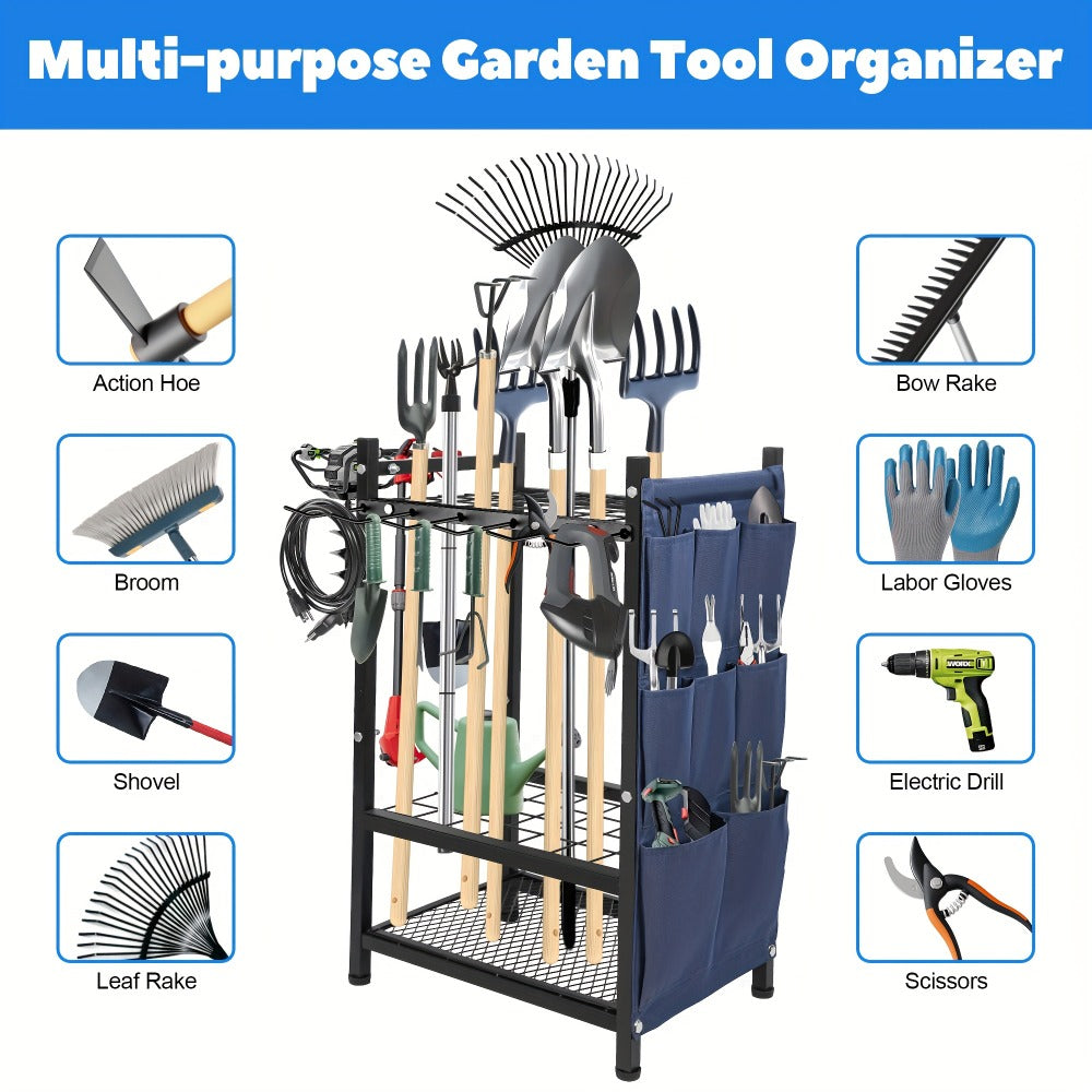 Tool Storage Rack with Storage Bag, Metal Yard Tool Organizer for Garage Holds 35 Long-Handled Tools