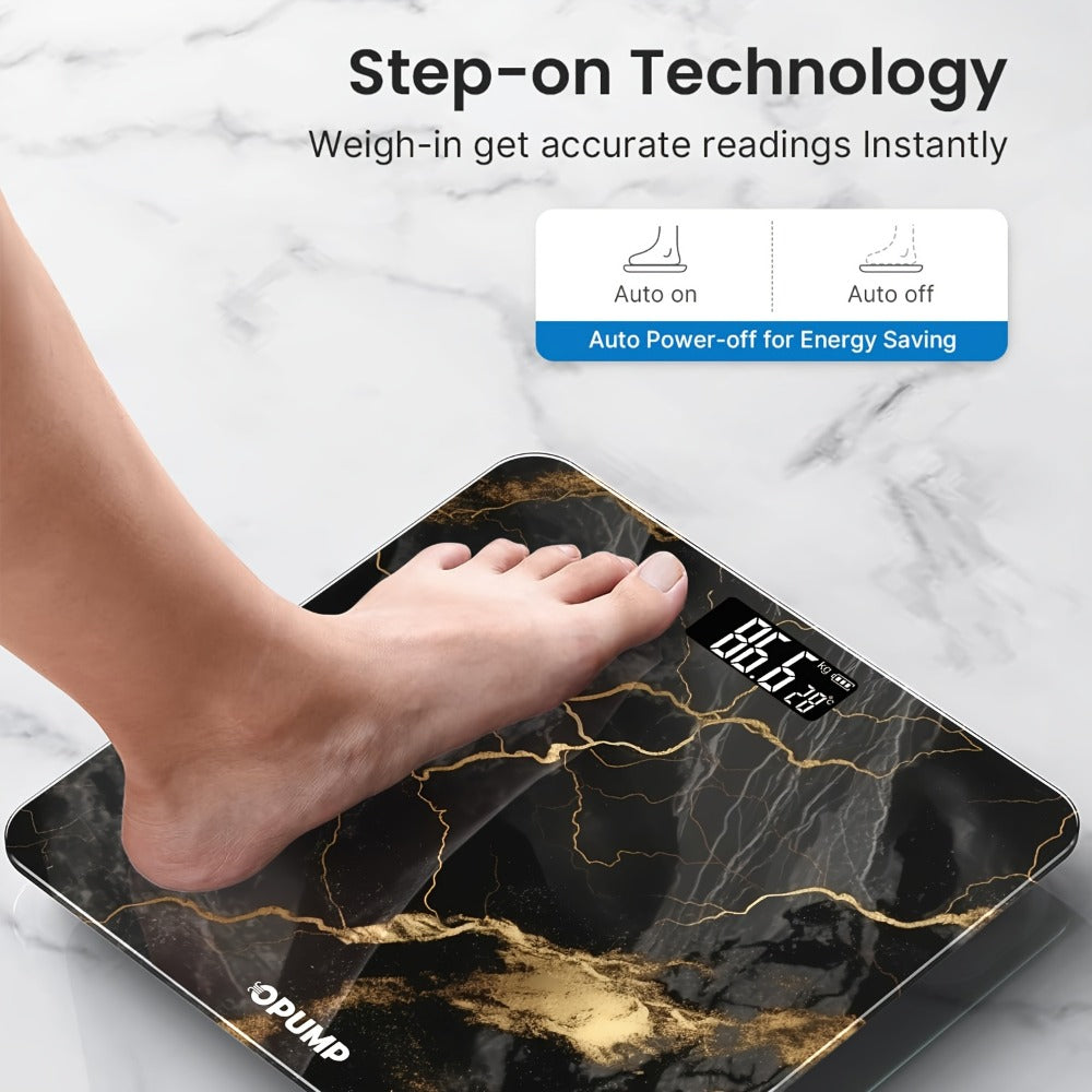 Patterned Digital Bathroom Scale with Top LED Display in Six Marble, Bronze, Black and Blue Styles