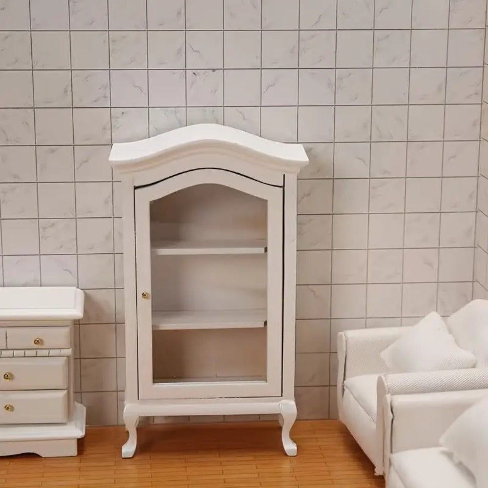 White Miniature Dollhouse Display Cabinet with Mirrored Back, Three Clear Shelves and 16 cm Height