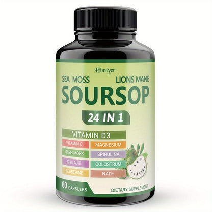 Soursop Graviola Capsules 24-in-1 Herbal Blend – Turmeric Spirulina Sea Moss Vitamin D3 Bitter Leaf | Immune Defense Antioxidant Gut Energy