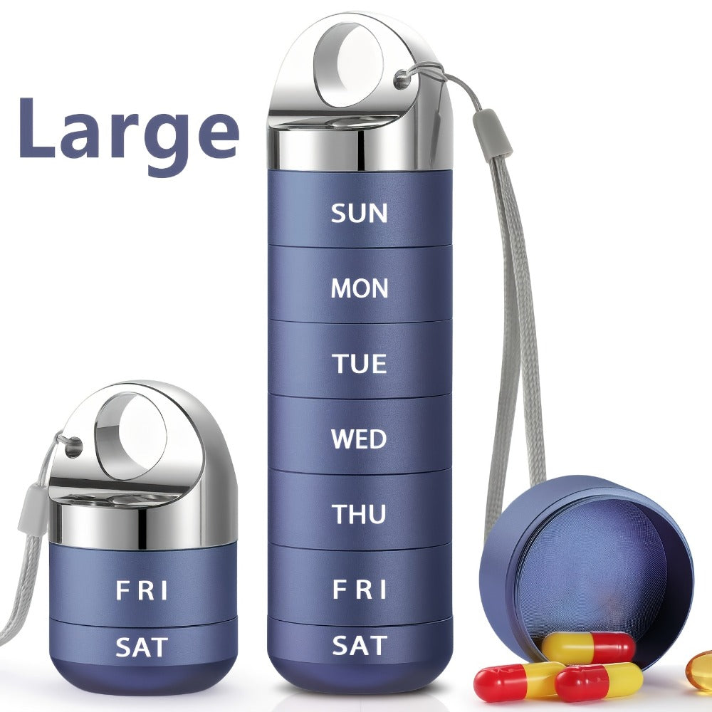 Weekly Pill Organizer, Large Aluminum Alloy 7-Day Pill Box for Medications Vitamins Supplements, Portable Travel Pill Case
