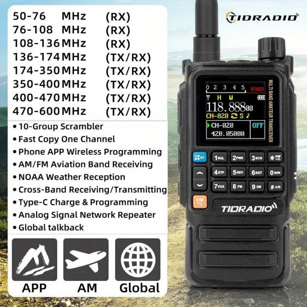Tidradio H3 Plus Ham Radio Multi-Band Two-Way Radio, AM/FM Reception, Wireless Headset Compatible