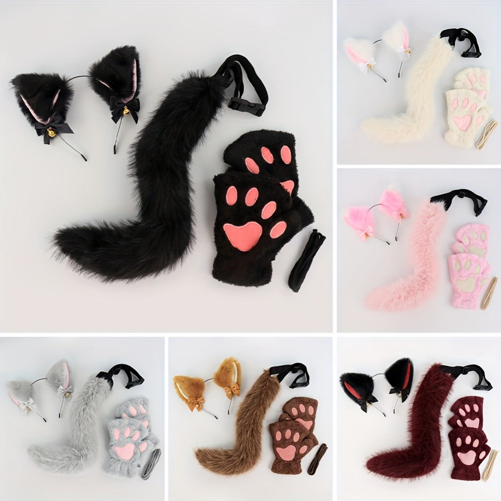 Cat Costume Set 3 Piece, Bell Ear Headband, Plush Paw Gloves & Adjustable Tail for Halloween, Cosplay