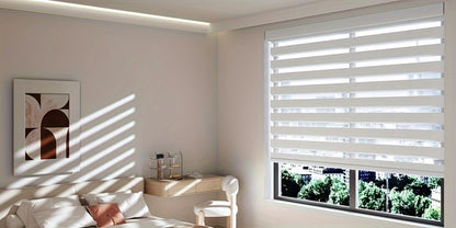 Cordless Zebra Roller Shade with Valance, Day Night Window Blind, Dual Layer Window Treatment Mesh Opaque Fabric