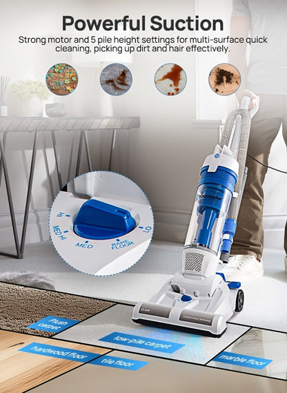Upright Bagless Vacuum Cleaner with 20ft Cord 13in Cleaning Path Powerful Suction for Carpet Hard Floor Pet Hair Home