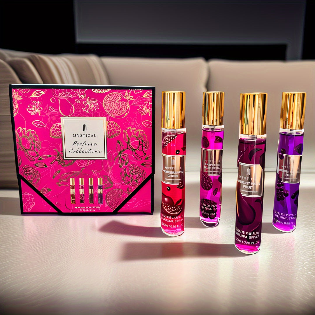 Mystical Women's Perfume Gift Set 4 Piece Travel Size 20ml - Fresh Fruity Unisex Scent - Mini for Bath Time, Home Spa and Personal Care