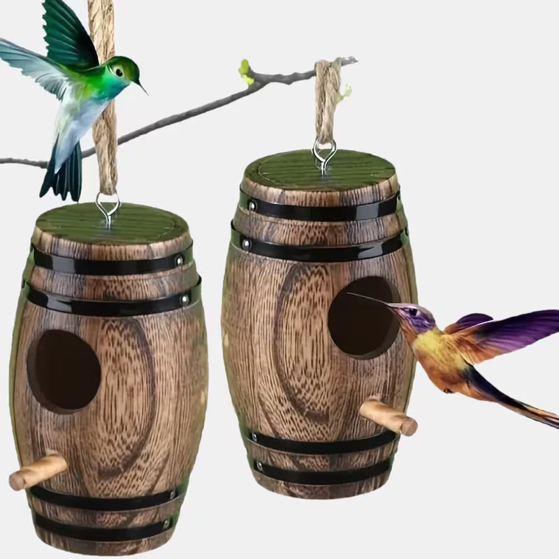 Hummingbird Nest Handcrafted Wood Vintage Barrel Hanging Outdoor Decor