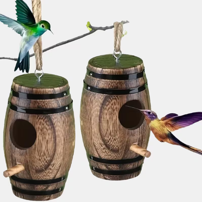 Hummingbird Nest Handcrafted Wood Vintage Barrel Hanging Outdoor Decor