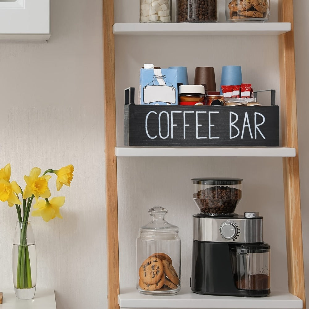 Wooden Coffee Bar Organizer with Farmhouse Sign and Rectangular Tray for Pods, Sugar, Creamer and Countertop Accessories