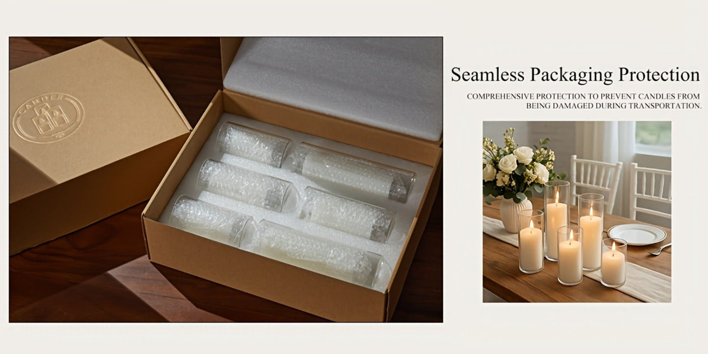 Pillar Candles with Clear Glass Hurricane Holders, Unscented White Cylinder Candles & Vases for Wedding Centerpieces