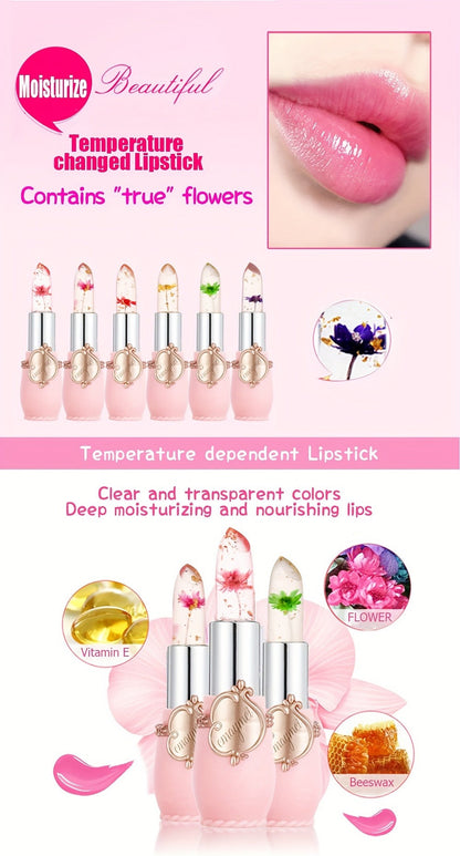 Lip Balm emaymei 6-Piece Flower Jelly Stick Set with Clear Gloss Texture and Pink Gift Box
