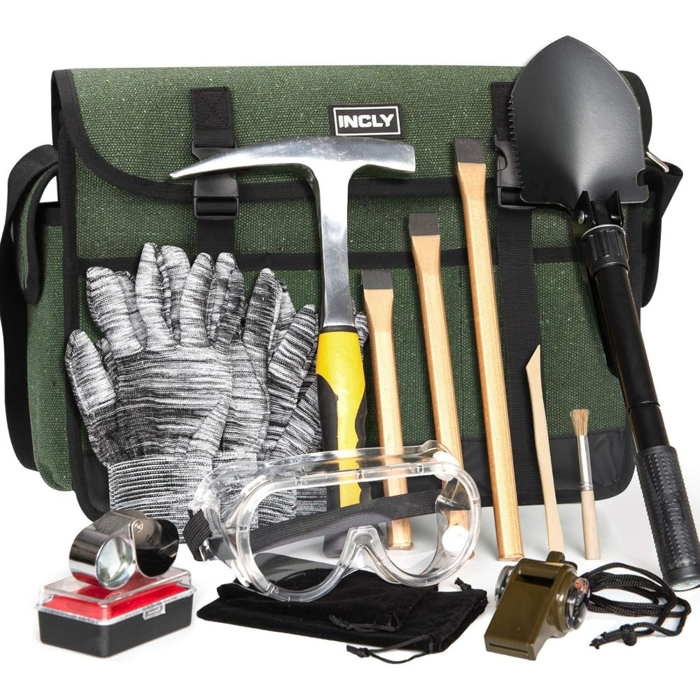 Geology Rock Pick Hammer Kit 15-Piece, 32oz Rock Hammer, 3 Digging Chisels, Shovel, Compass, Whistle & Musette Bag for Rock Hounding