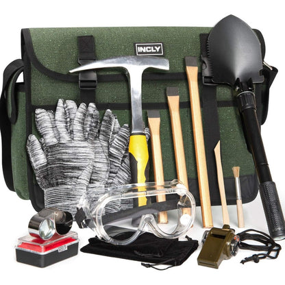 Geology Rock Pick Hammer Kit 15-Piece, 32oz Rock Hammer, 3 Digging Chisels, Shovel, Compass, Whistle & Musette Bag for Rock Hounding
