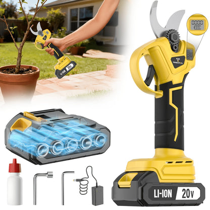 20V-Labeled Cordless Pruning Shears with Display, Yellow or Green Body and One- or Two-Battery Kits
