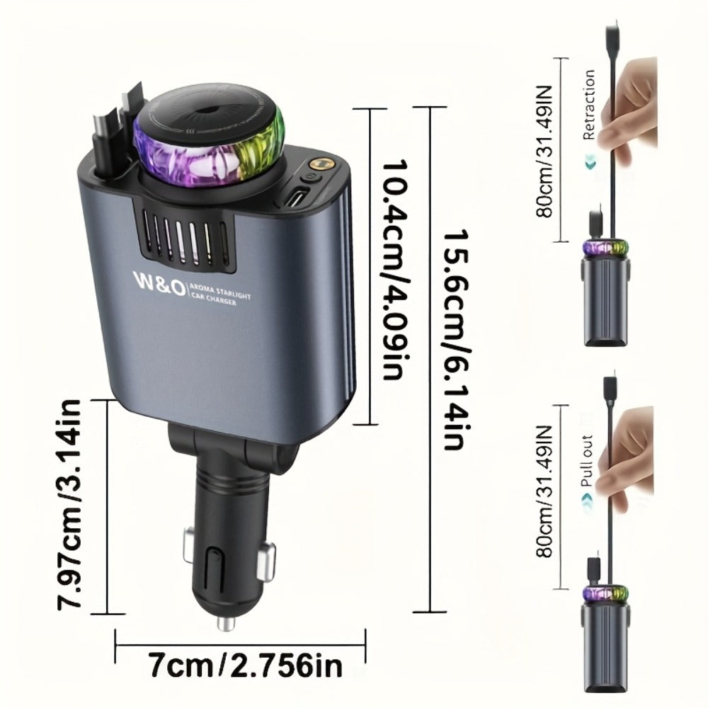 Car Charger with 80 cm Retractable Cable, Aroma Diffuser and Red Star Projector in a Black Plug-In Design