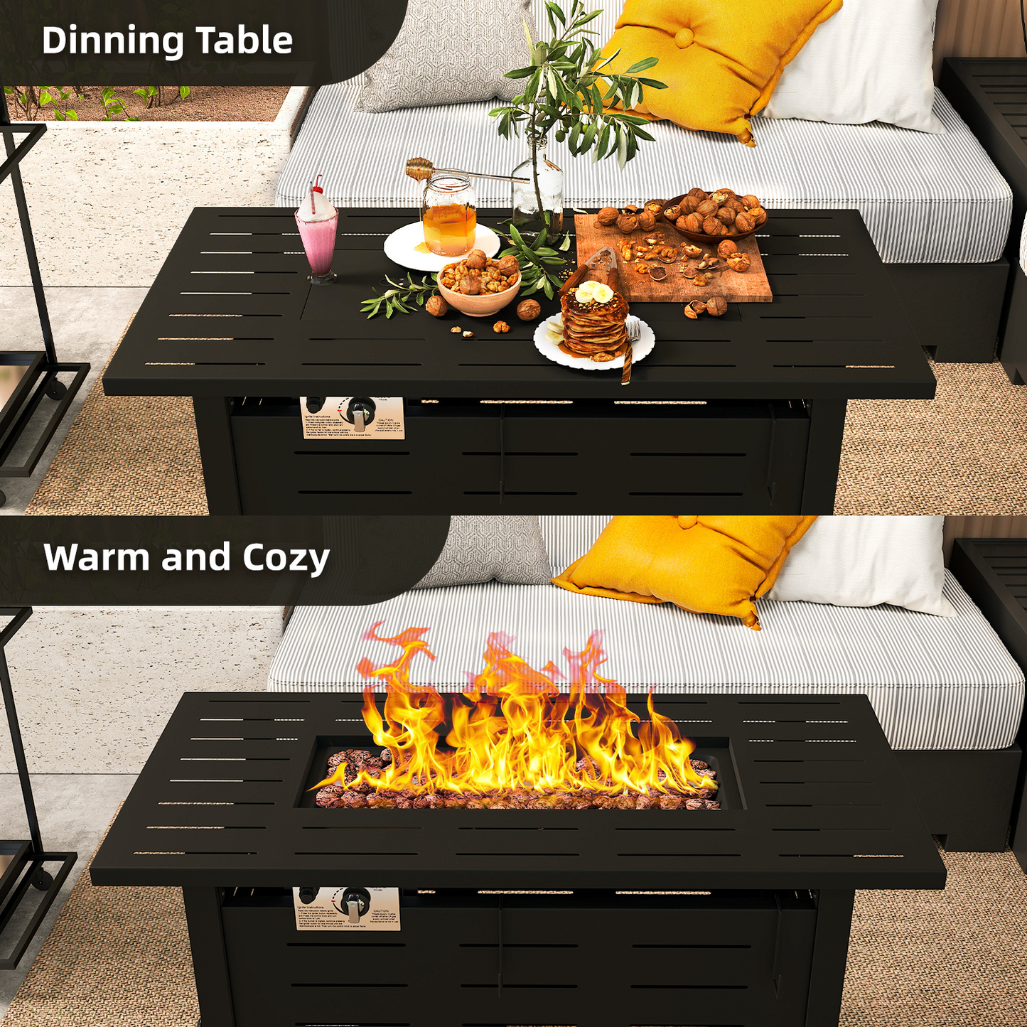 Propane Fire Pit Table Outdoor 50, 000 BTU Gas Fire Table with Lid Lava Rocks & Cover for Patio Backyard Deck Black Brown 40"/44"